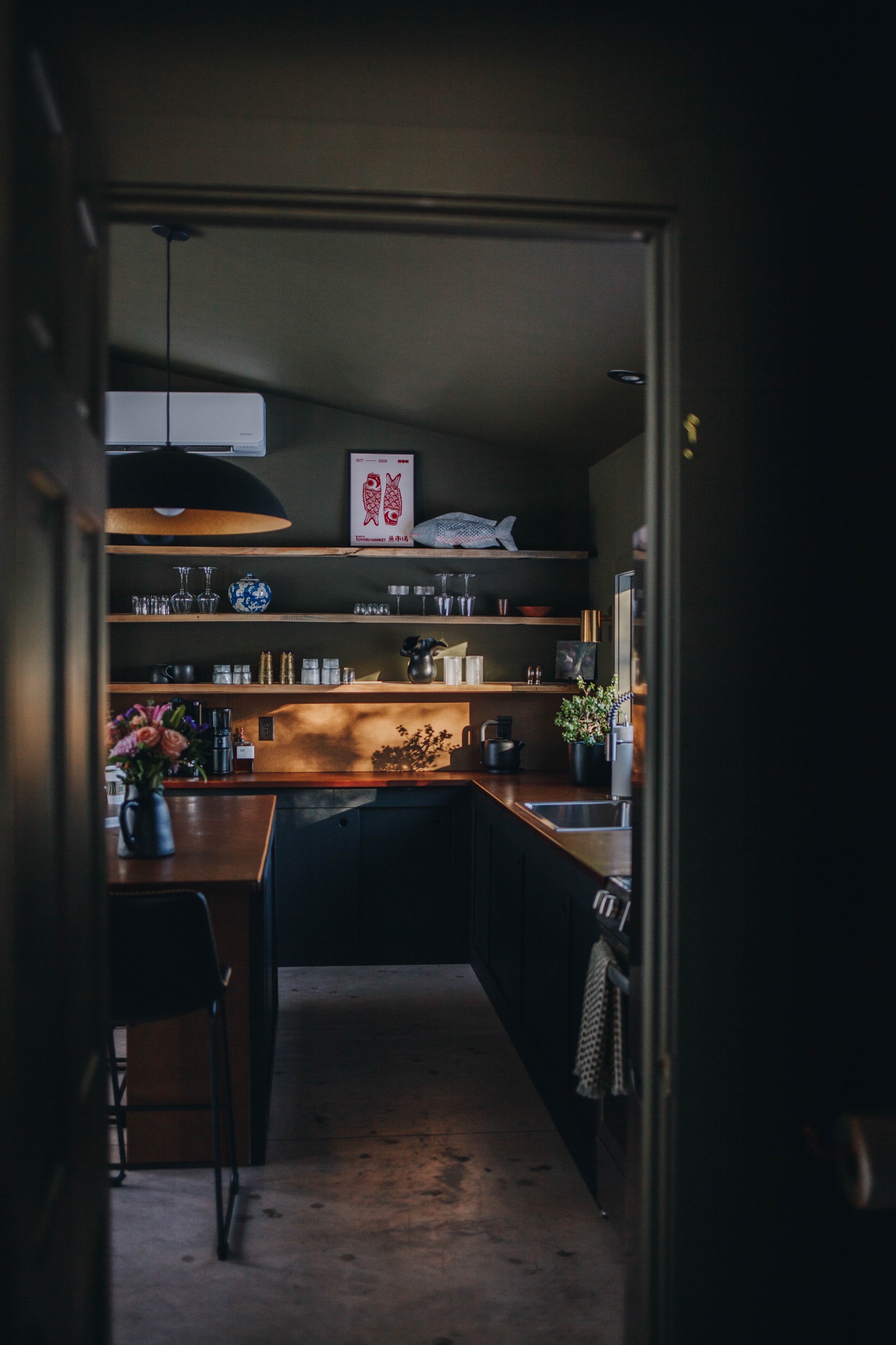 Kitchen seen through doorway — dark walls, warm wood counters, pendant lighting