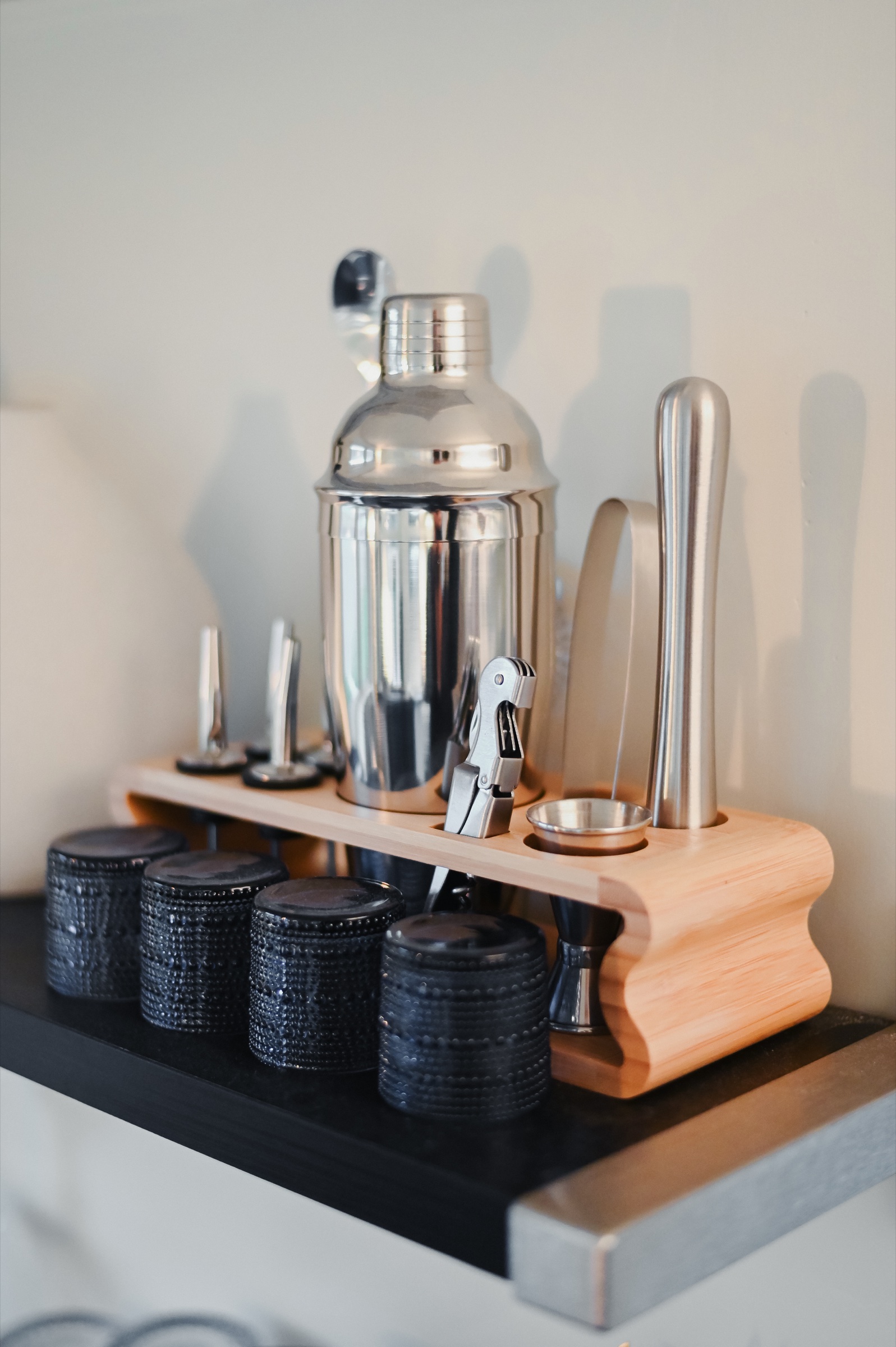 Cocktail bar set on the kitchen counter