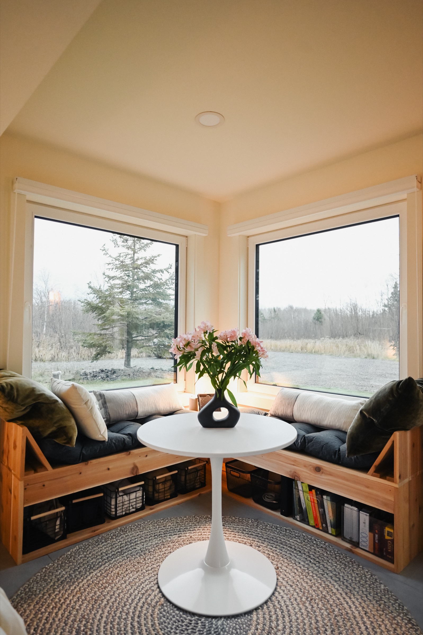 Built-in reading nook with cushions, bookshelf, and panoramic windows